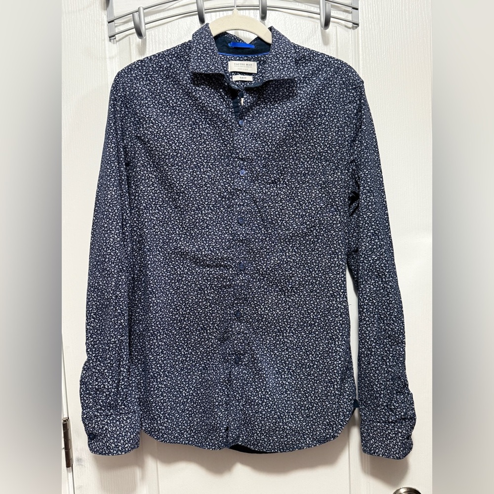 Cactus Man Navy Blue White Floral Button Up‎ Shirt Men’s S Slim Hipster Preppy